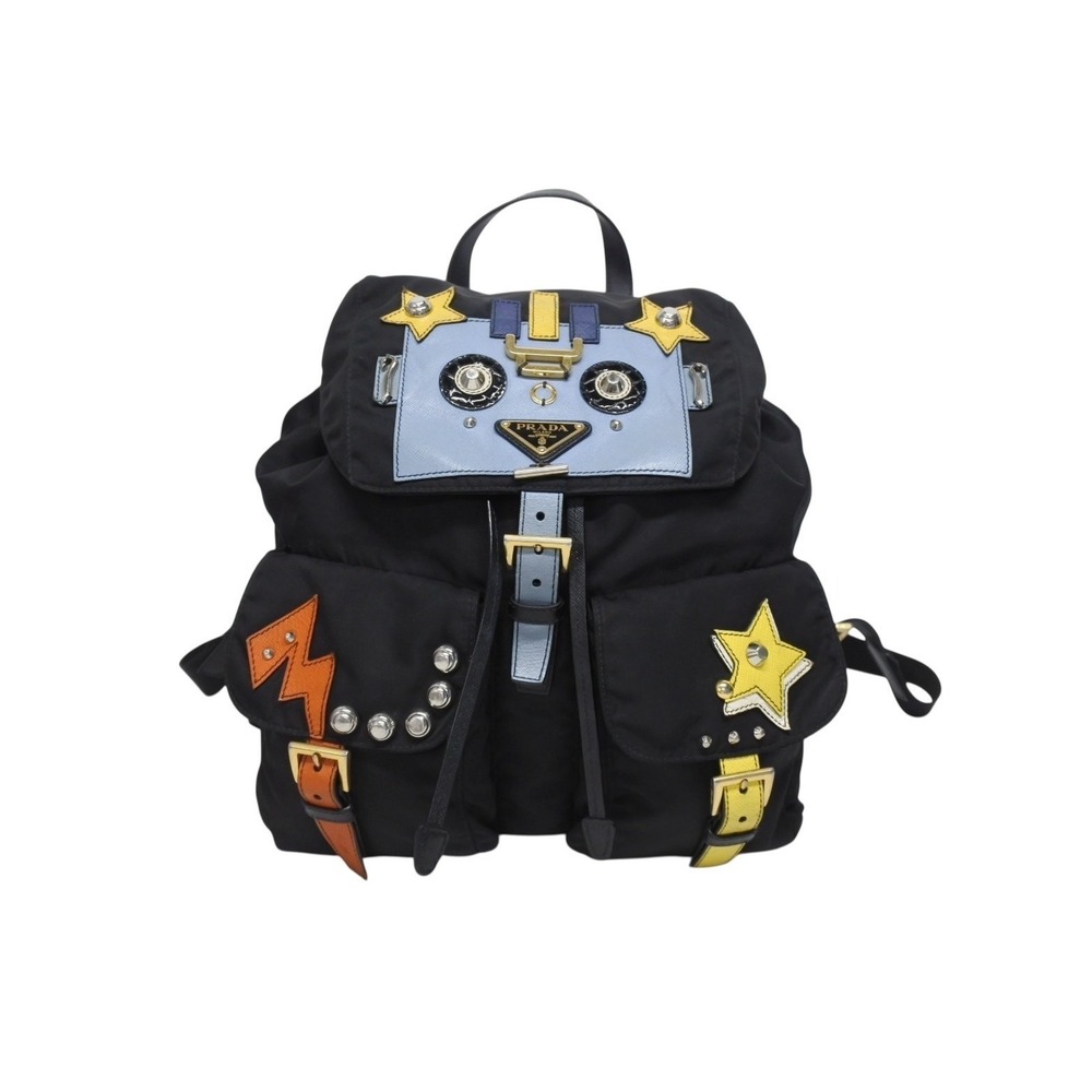 PRADA Tessuto Backpack Robot Patch Triangle Logo Leather Black Multicolor